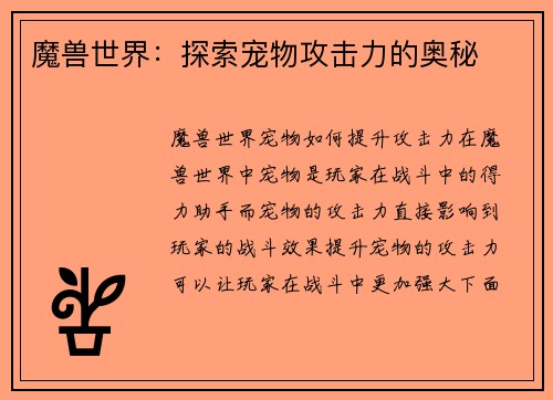 魔兽世界:探索宠物攻击力的奥秘